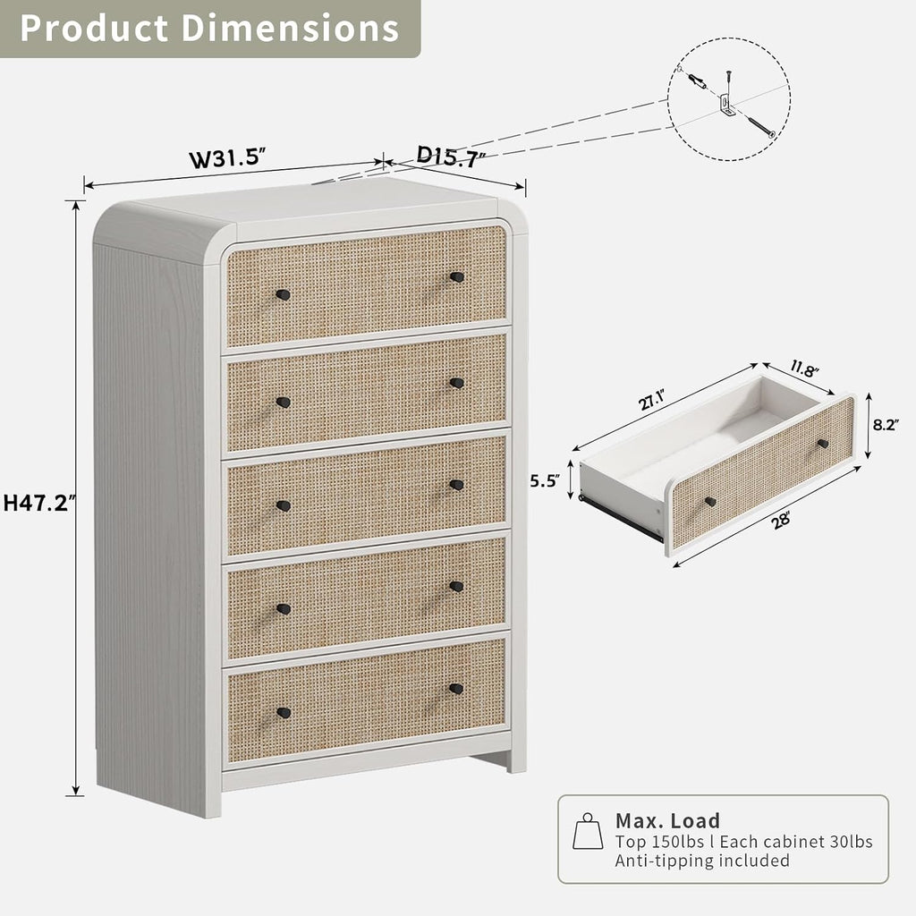 5 Drawer Tall Dresser , 47'' Rattan Dresser with Ample Storage, Boho Chest of Drawers, Thickened Curved Profile