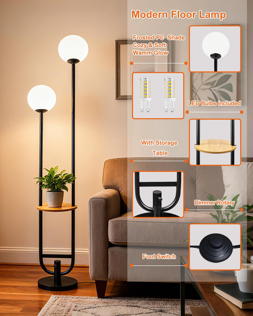 63IN 2-Globe Floor Lamp Dimmable Tall Standing Lamps with Table 3000K Warm White Unique Vintage Modern Mid Century