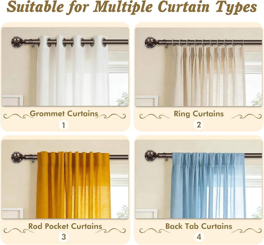 Curtain Rods for Windows 2 Pack 32-58 Inches, Bronze | 6/8" Diameter, 22lbs Weight Capacity, Decorative Adjustable