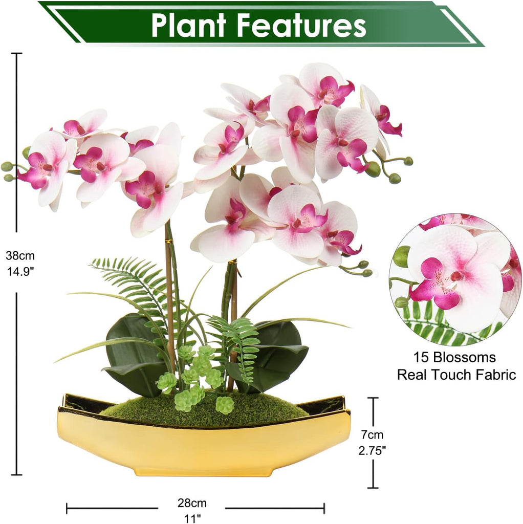 Orchids Artificial Flowers 15" Light Pink Phalaenopsis Orchid with Gold Pots Real Touch Faux Orchid Plant Living Room
