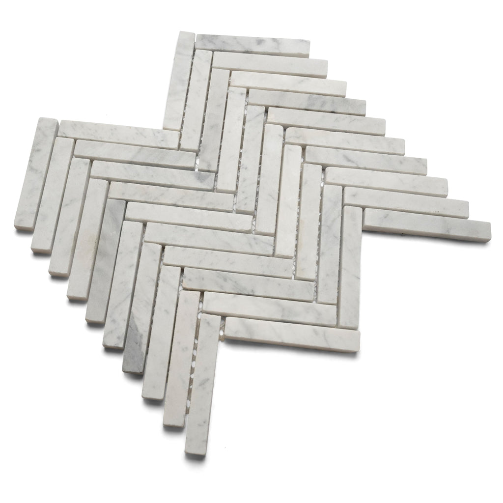 Carrara Small Chevron Mosaic Tile - 12" x 12" Hand-Sorted Polished Natural River Stone Kitchen Backsplash and Wall