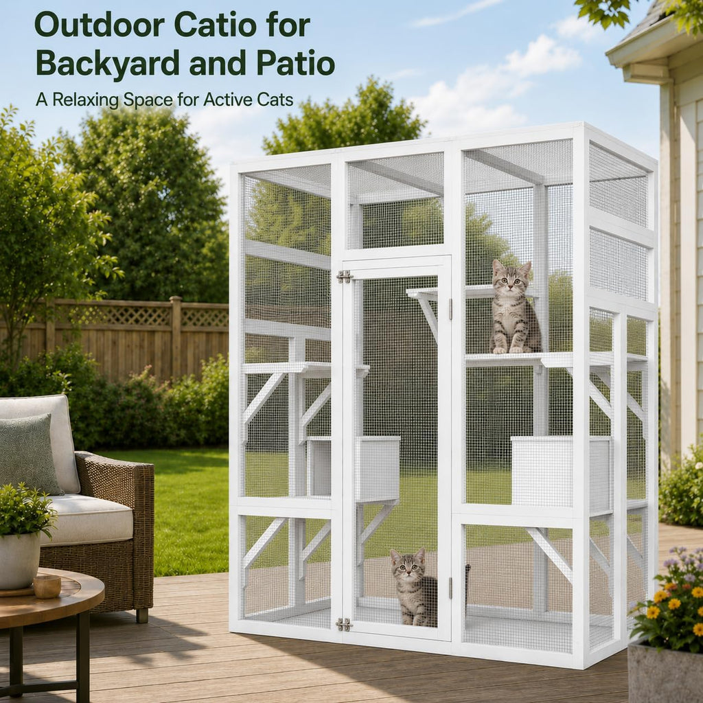 70" Large Outdoor Catio Cat Enclosure, Wood Cat Patio with Waterproof UV-Resistant Roof, Cats Shelter with 5