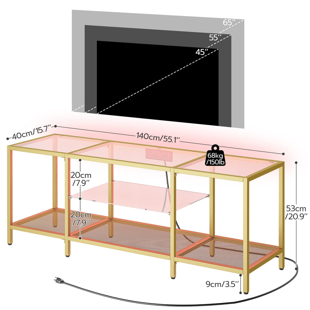 TV Stand with LED Lights and Power Outlets for TVs up to 65", Modern 55 Inch Tempered Glass TV Console Table with
