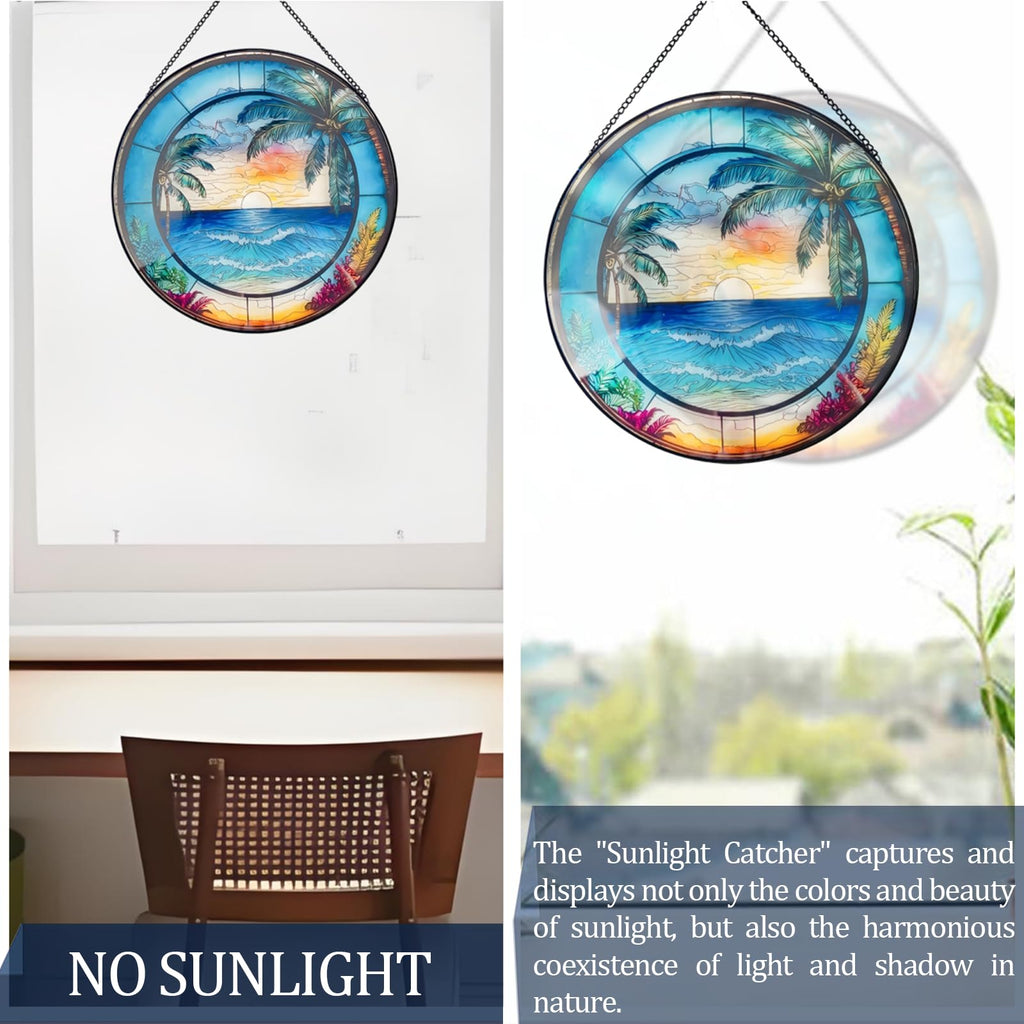 Blue Ocean Sunset Glass Window Hanging Decor, 8" Stained Glass Sun Catcher Hanging Decoration with Metal Chain-Sun