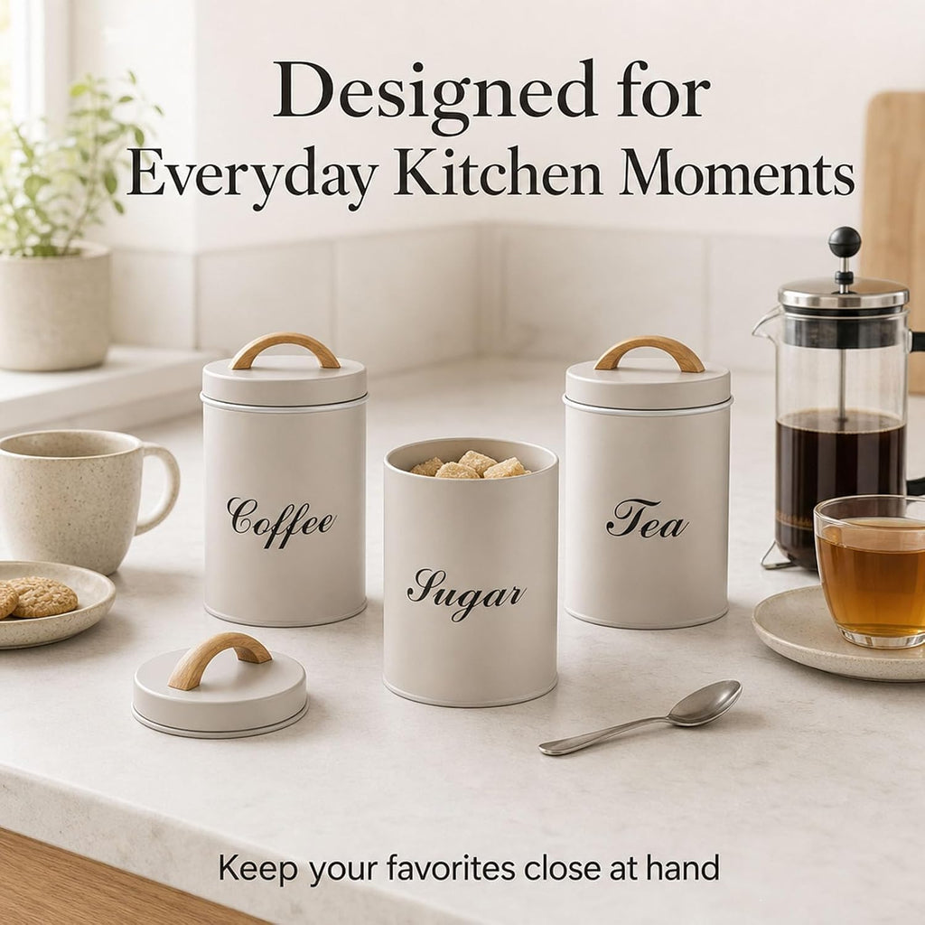 Coffee Sugar Tea Canister Set, 3 Pack Metal Kitchen Containers with Airtight Lids and Wood Handle, Labeled Food - Set of 3