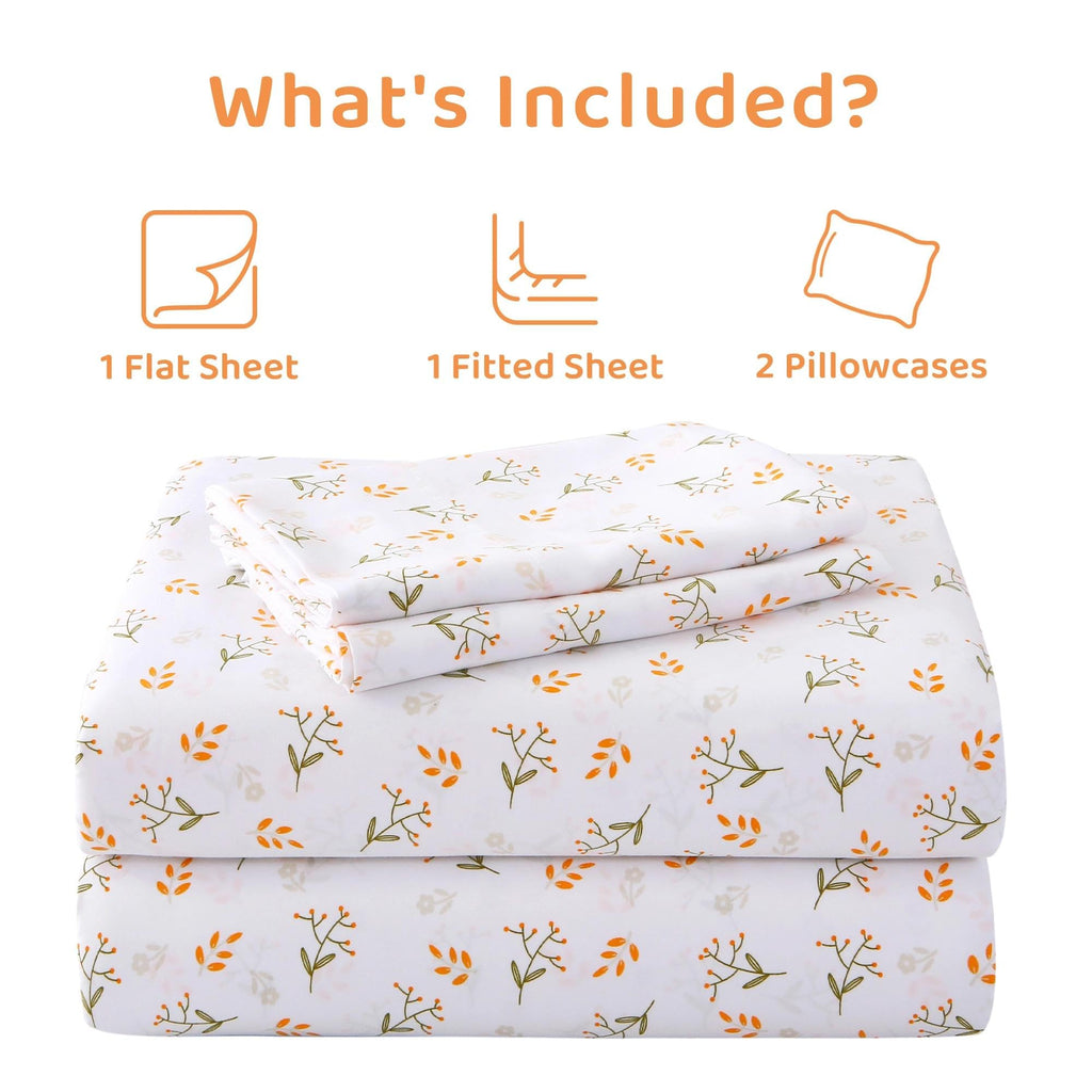 Cozy Floral Orange Microfiber Printed Full Sheet Set