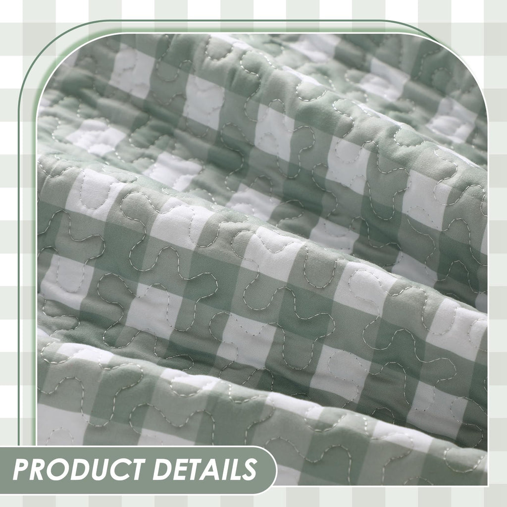 Gingham Quilted Throw Blanket Sage Green Scalloped Blanket