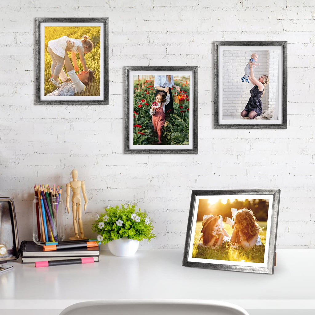 8x10 Picture Frame Distressed Silver Set of 4, 9x11 Frame for 8"x10" Photo with Mat, Antique Silver Frames for Wall