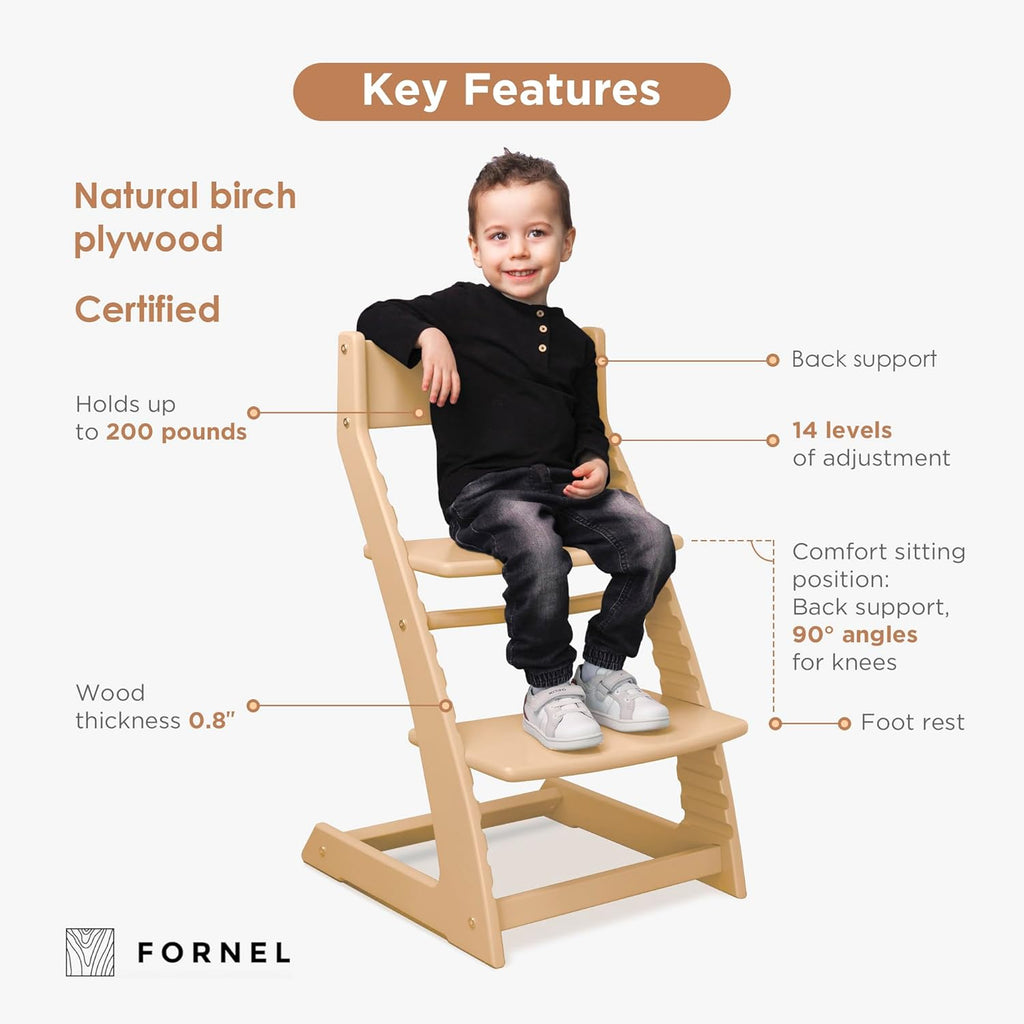 Scandinavian Wooden High Chair for Toddlers & Kids | Adjustable Grow-with-Me Montessori Seat for Dining Table |
