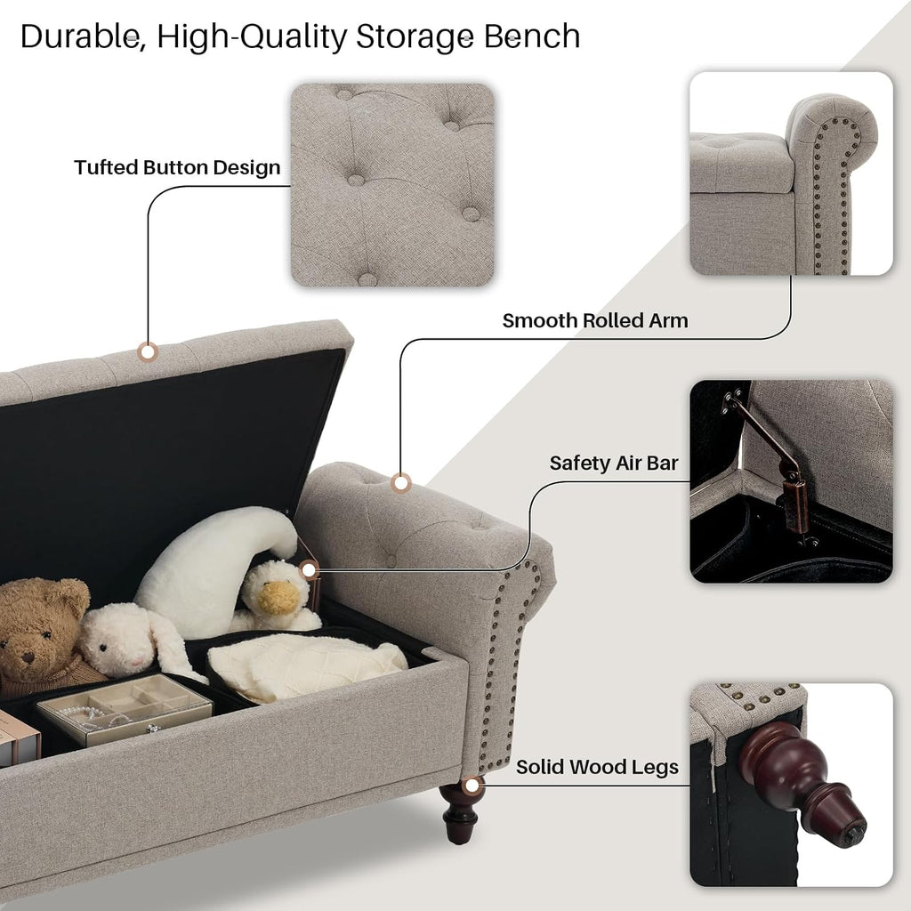 67" Storage Bench , Linen Upholstered, Light Brown | King Size End of Bedroom Bed Bench Ottoman with Tufted Cushioned