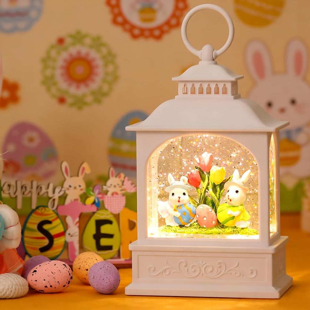 Easter Bunny Snow Globe, Easter Eggs Spring Snow Globe 6H Timer Glitter Lantern Easter Decorations (Bunny Eggs)
