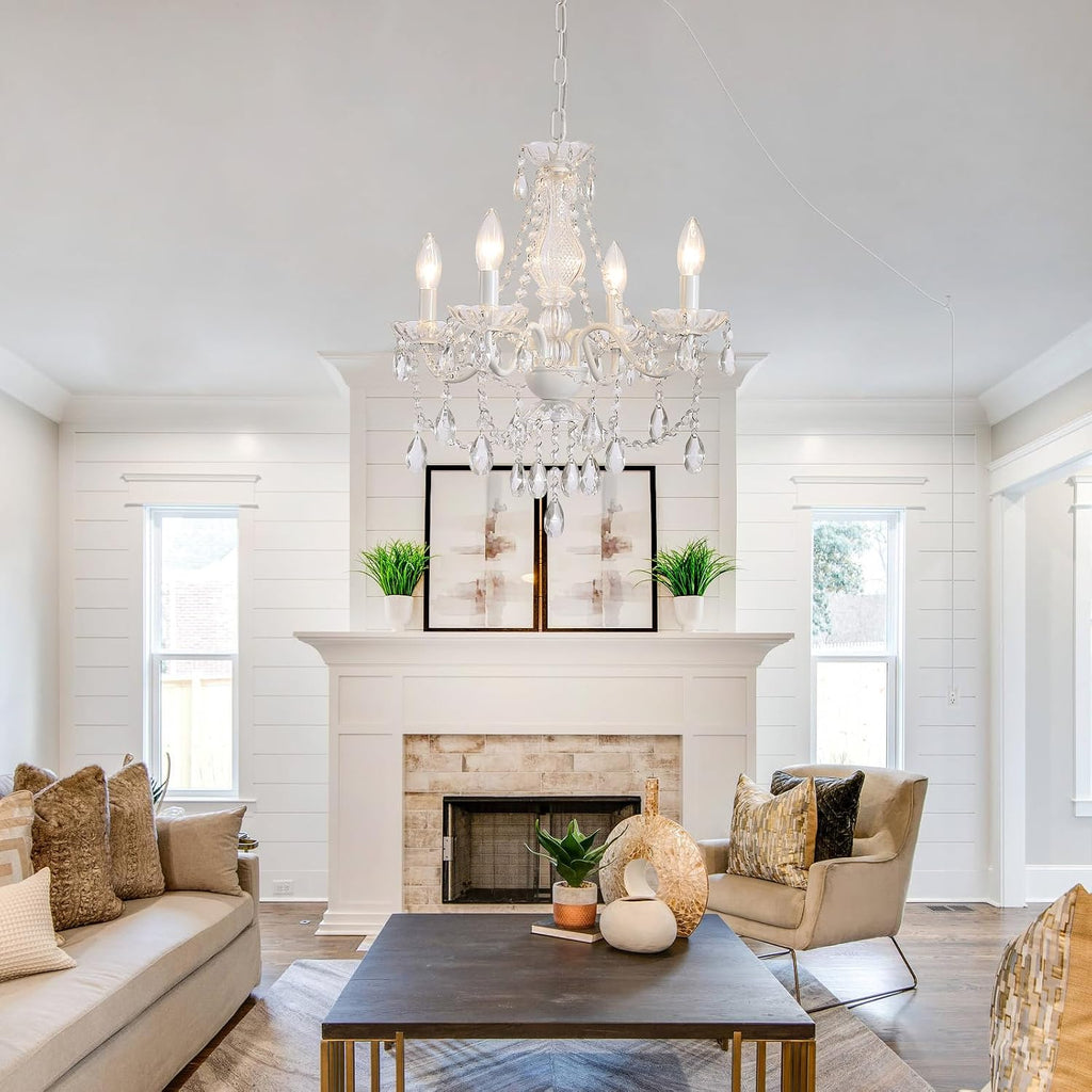 Plug-in White Crystal Chandelier, 4-Light Ceramic & Crystal Hanging Pendant Light with Clear Cord and On/Off Switch