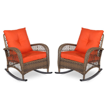 2 Piece Patio Wicker Rattan Rocker Chair, Outdoor Rattan Rocker Chair with Cushions & Steel Frame, All-Weather