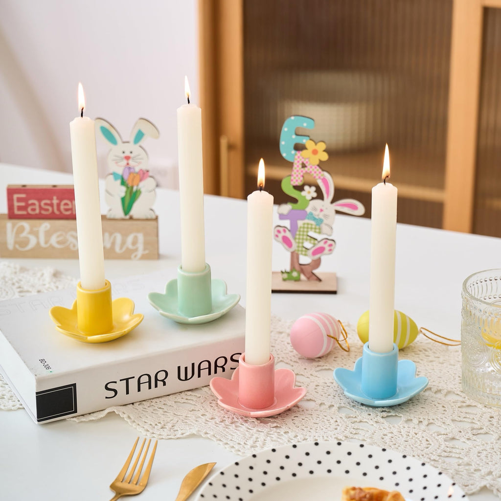 Colorful Ceramic Candlestick Holders Set of 4, Cute Easter Taper Candle Holders Chic Flower Shaped Table Centerpiece