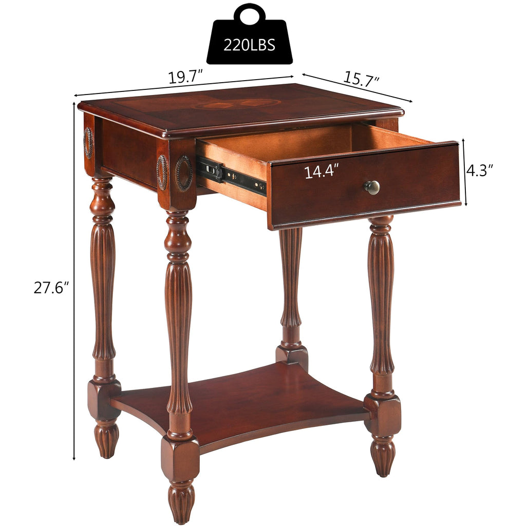 Solid Wood Side Table with Drawer, Victorian Style Vintage Nightstand, Antique Cherry Wood End Tables Living Room