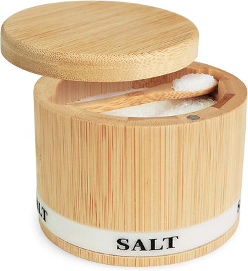 Salt Cellar with Lid, Bamboo Wood Salt Containers for Countertop