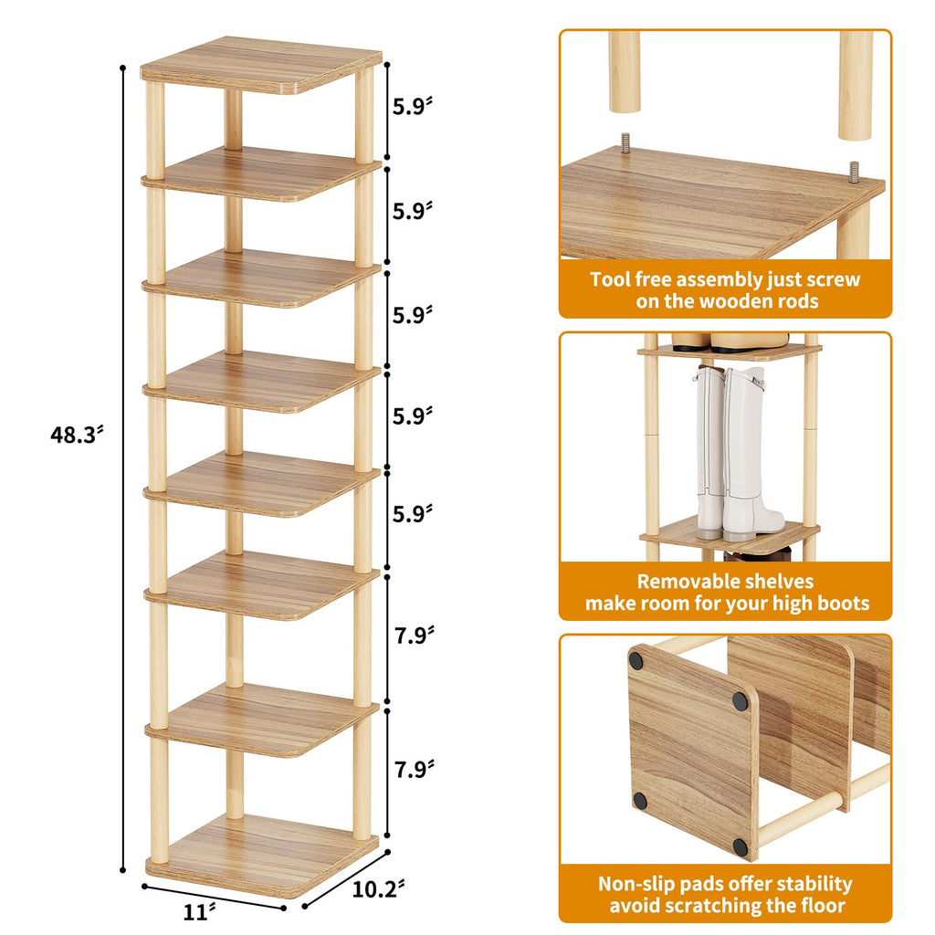 8 Tiers Vertical Shoe Rack, Tall Narrow Shoe Tower Corner Shoe Rack, Walnut