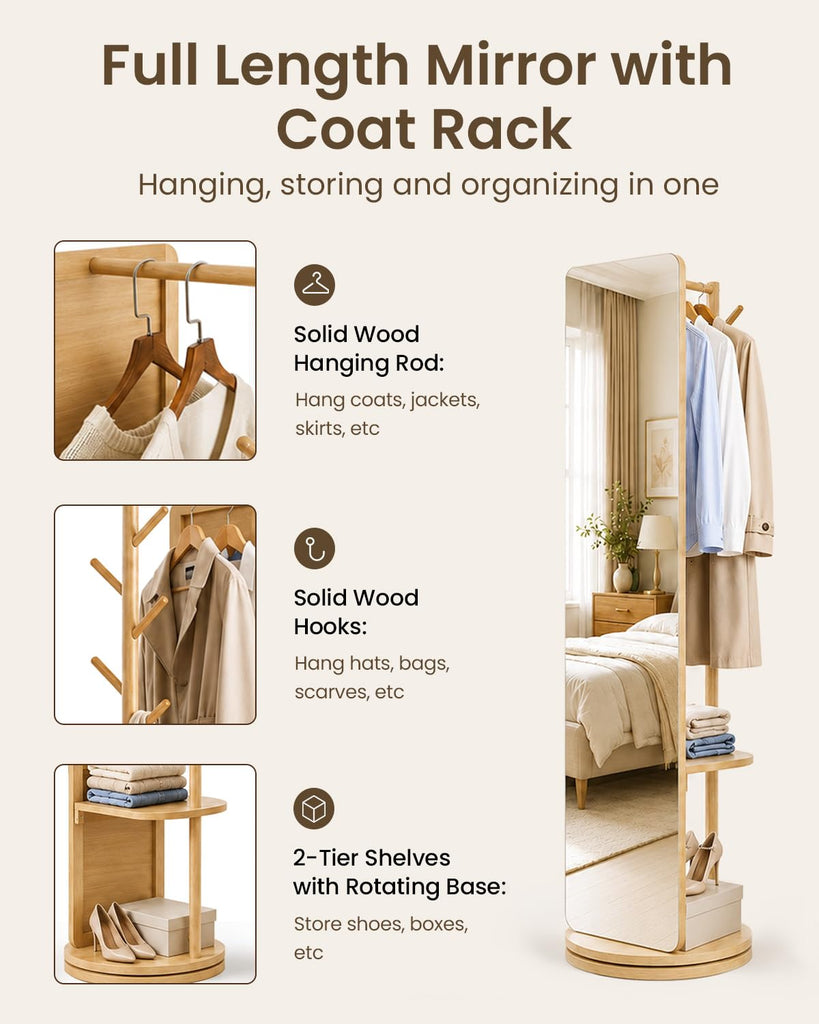 69" x 19" Rotating Full Length Mirror with Coat Rack Storage