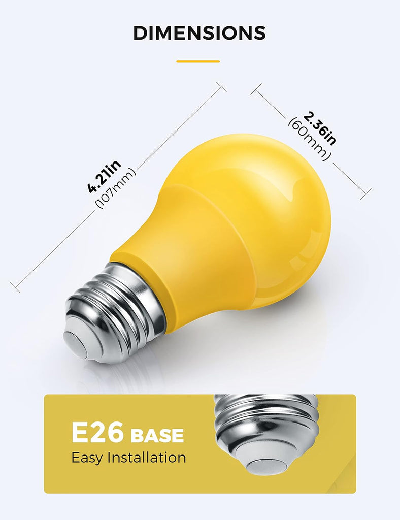 Yellow Bug Light Bulbs Outdoor, 4 Pack 2000K Non-Attracting, Non-Dimmable Amber Porch Lights, E26 Base, Backyard