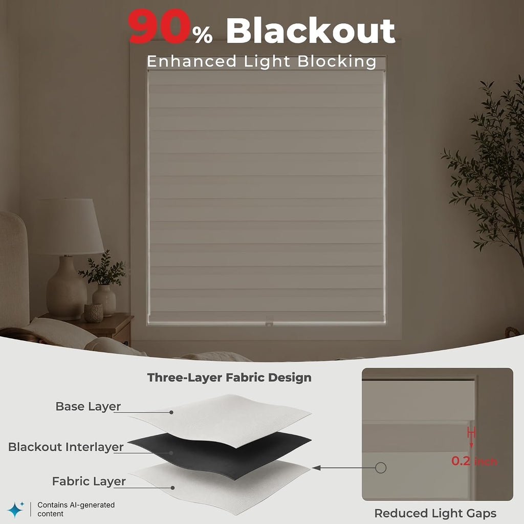 Cordless Zebra Blinds for Windows, Home Office, White, 36" W x 64" H | Dual-Layer Light Control Window Blinds For Day