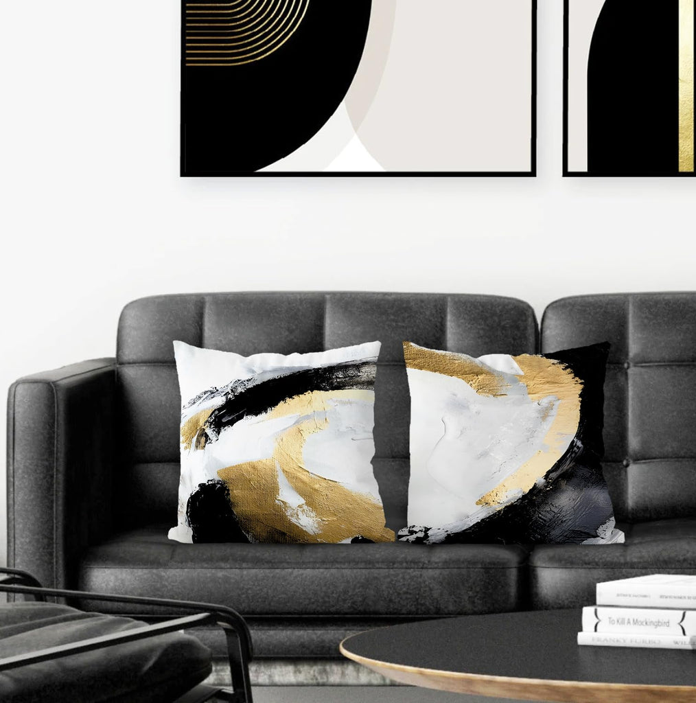Abstract Black White and Gold Pillow Covers 24x24 Set of 2 - Modern Pillow Covers, Modern Home Decor, Black and Gold