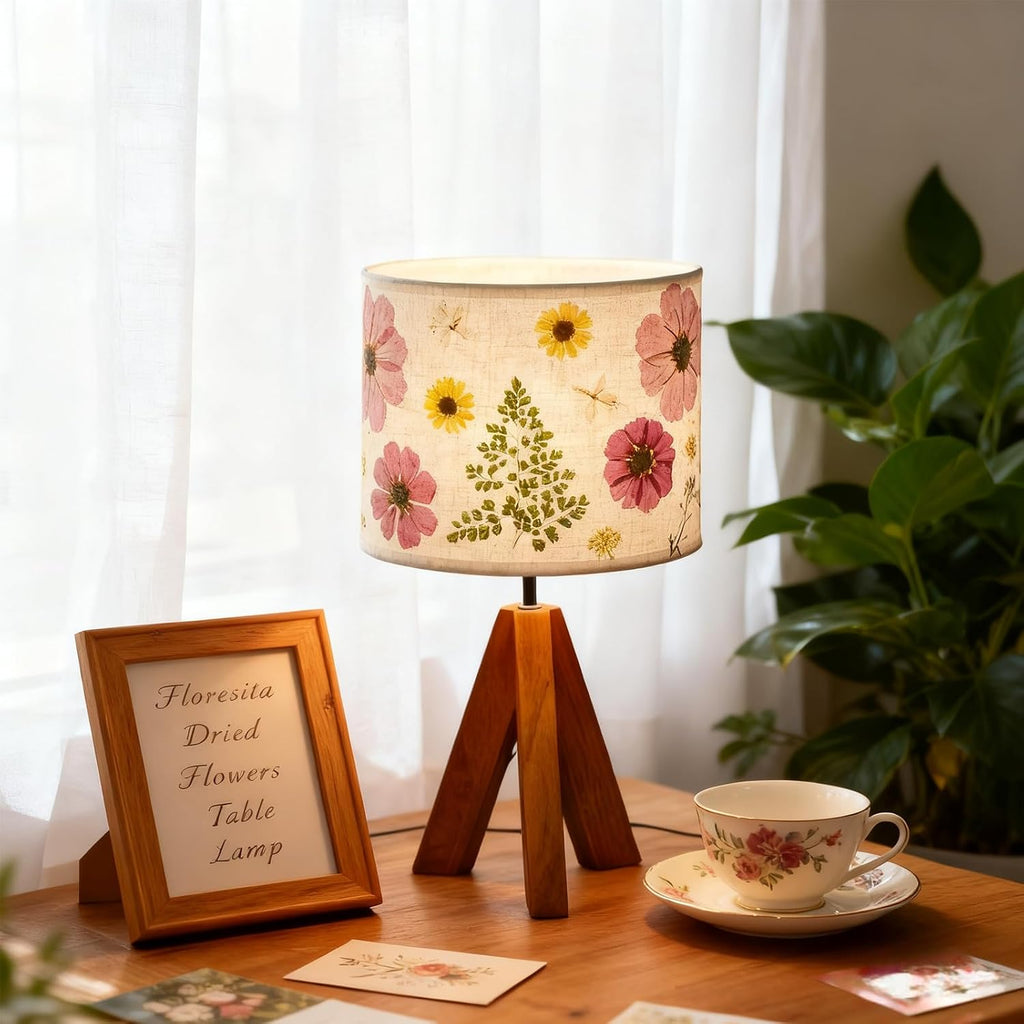 Dried Flowers Tripod Table Lamp 14.96in, 9W LED Dimmable Cute Bedside Lamp with Flowers Linen Lampshade, Kid Room