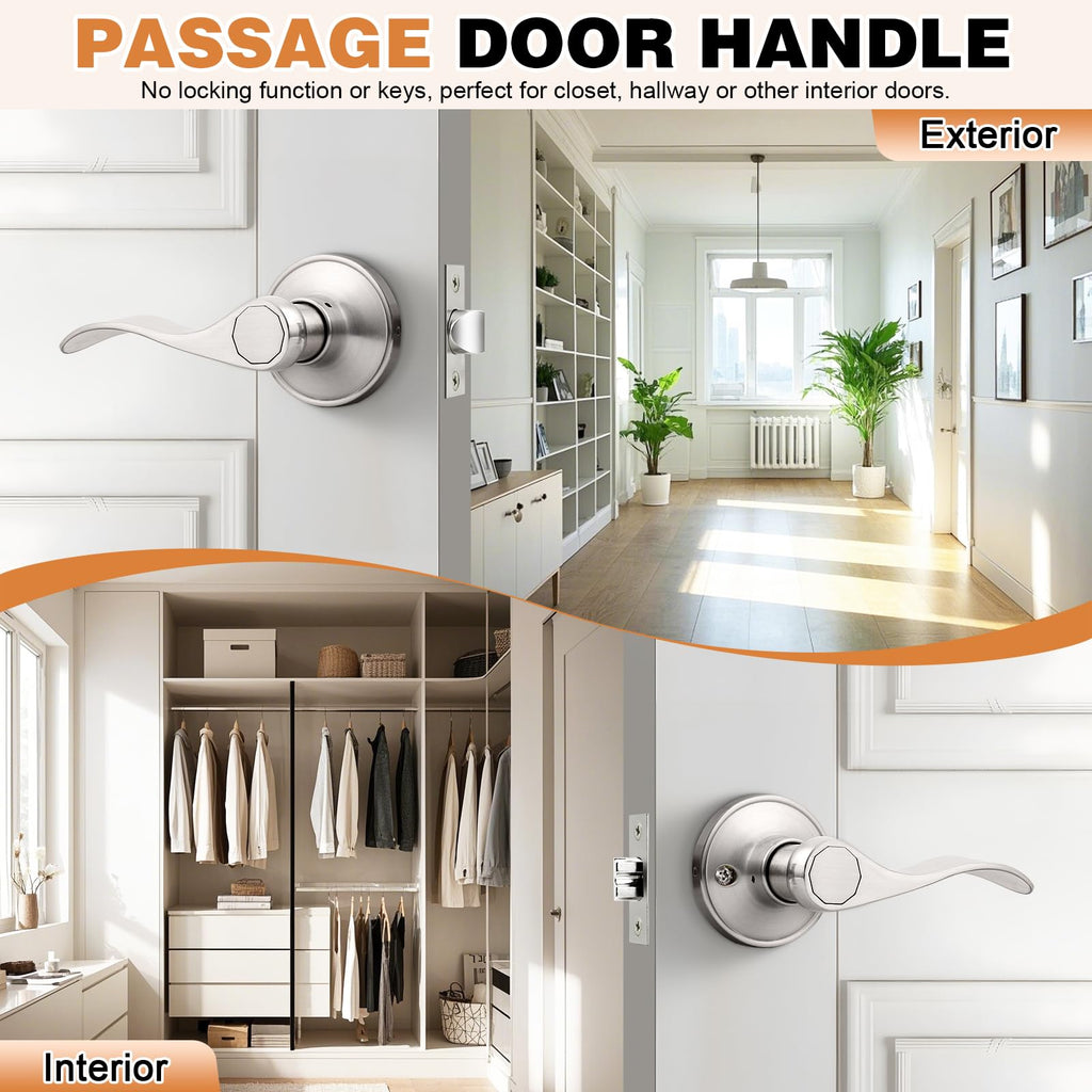 Interior Brushed Nickel Door Handle, Wave Style Passage Door Handles, Keyless Door Levers Lockset for Closet and