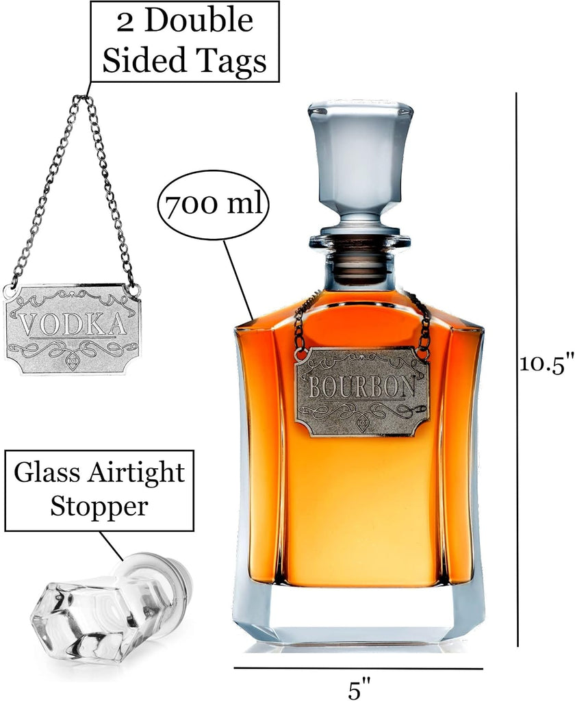Whiskey Decanter With Label Tag - Bottle Metal Name Tags - Glass Airtight Stopper for Wine, Bourbon, Brandy, Juice