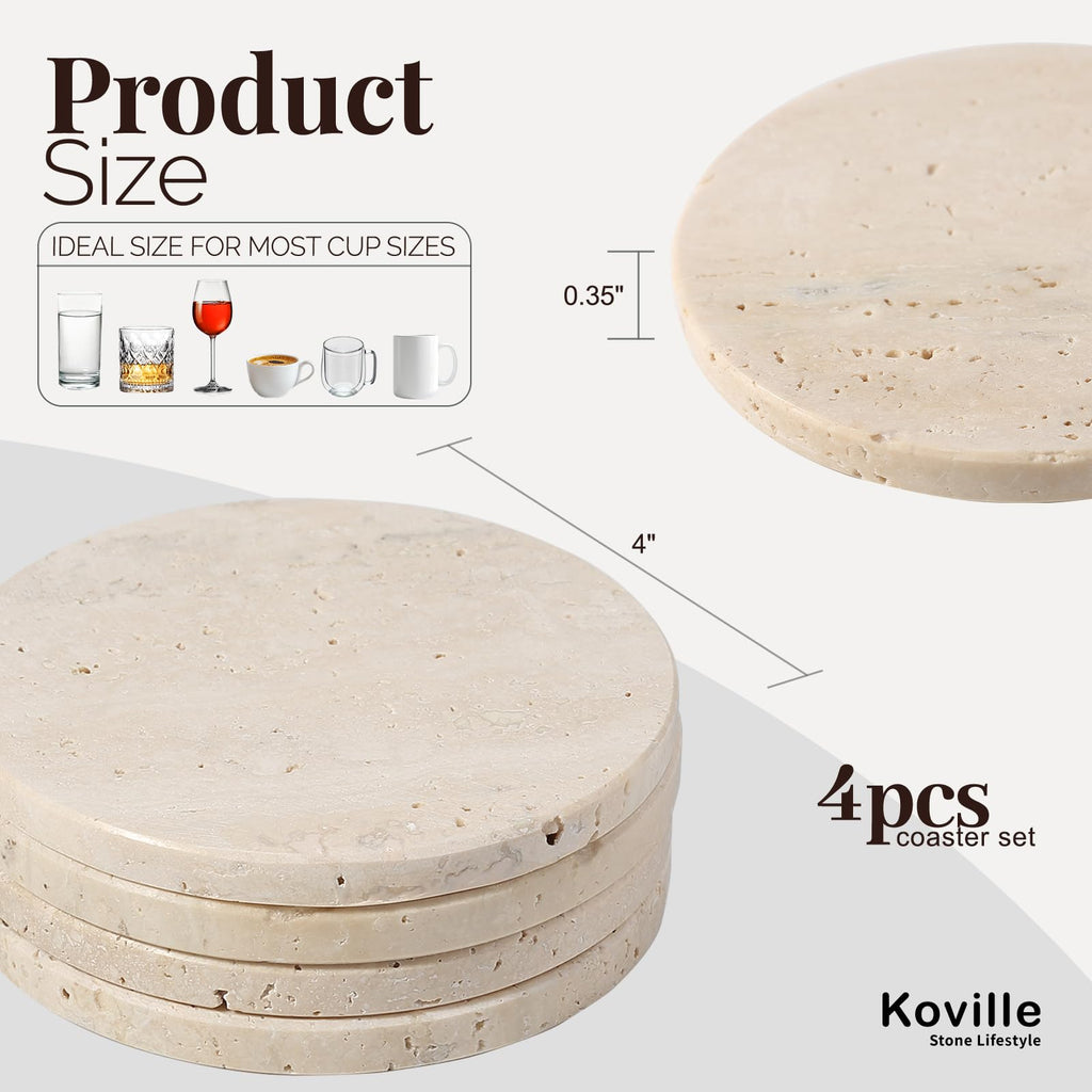 Travertine Coasters, Marble Coaster Set of 4 for Drinks, 4" Round Stone Coasters Set Heat Resistant, Decorative