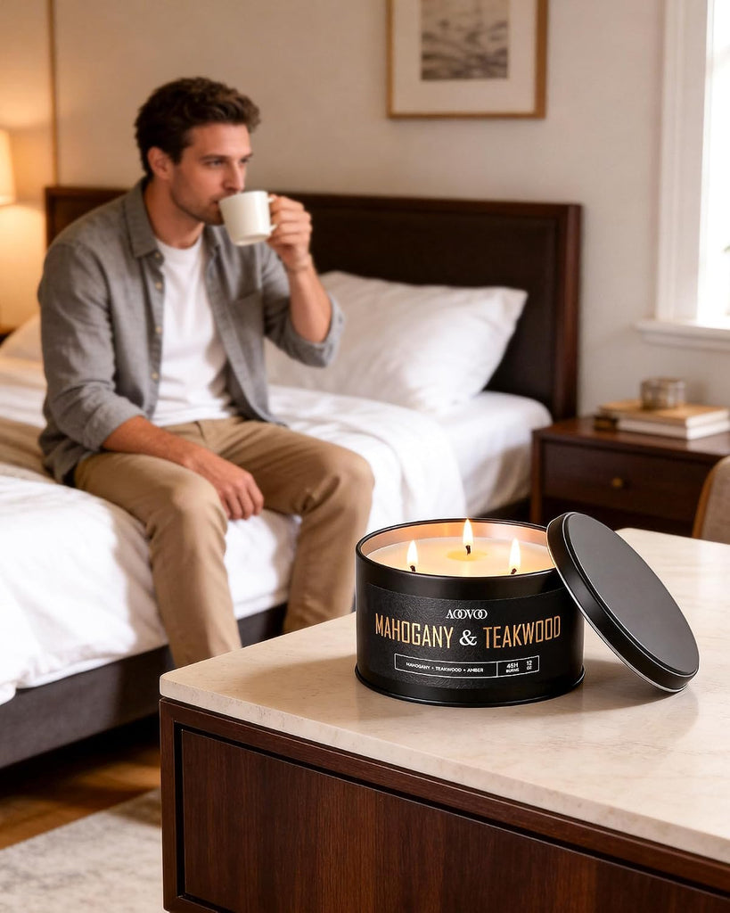 Mahogany Teakwood Candles for Men - 3 Wick 12oz Black Scented Candle - Set of 12