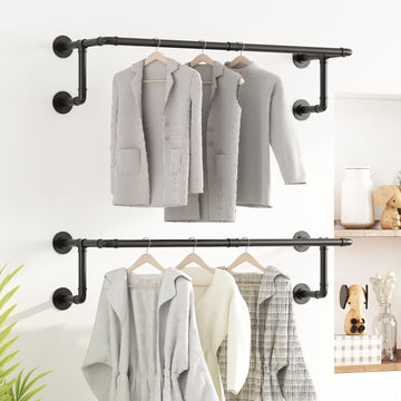 Industrial Pipe Clothes Racks 2 Pack, Black Pipe Wall Mounted Clothing Racks for Hanging Clothes, Space Saving Closet
