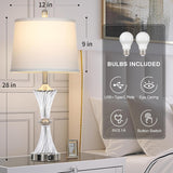 Crystal Glass Table Lamp with USB C+A Ports & AC Outlet,White Clear Modern Bedroom Lamp