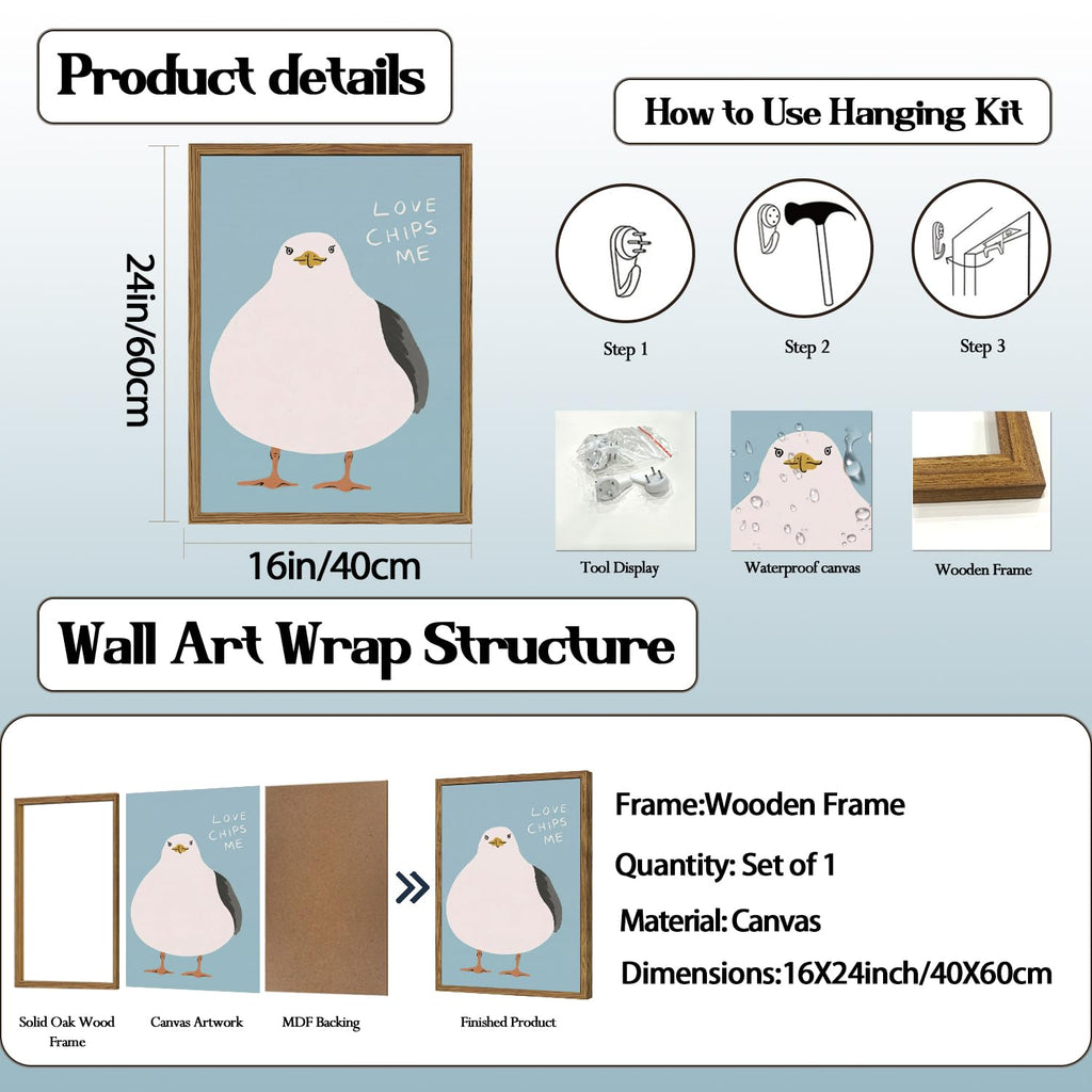Funny Seagull Wall Art, Love Chips Me Quotes Wall Decor Painting Cute Beach Animal Poster Canvas Prints Picture