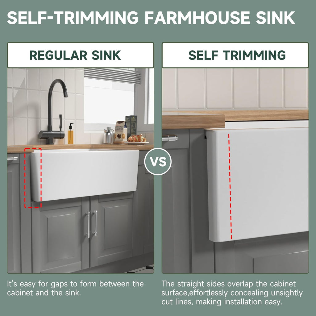 Self Trimming Farmhouse Sink 30 Inch, White Fireclay Kitchen Sink | Tall Apron Front 30"Wx20"Dx10"H , Heavy Duty,Farm
