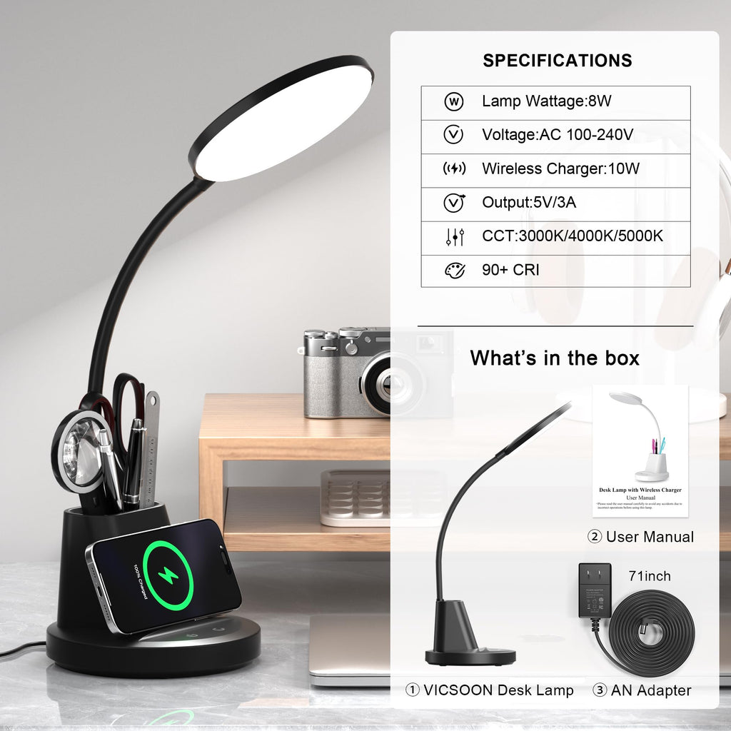 LED Desk Lamp with Wireless Charger, Black