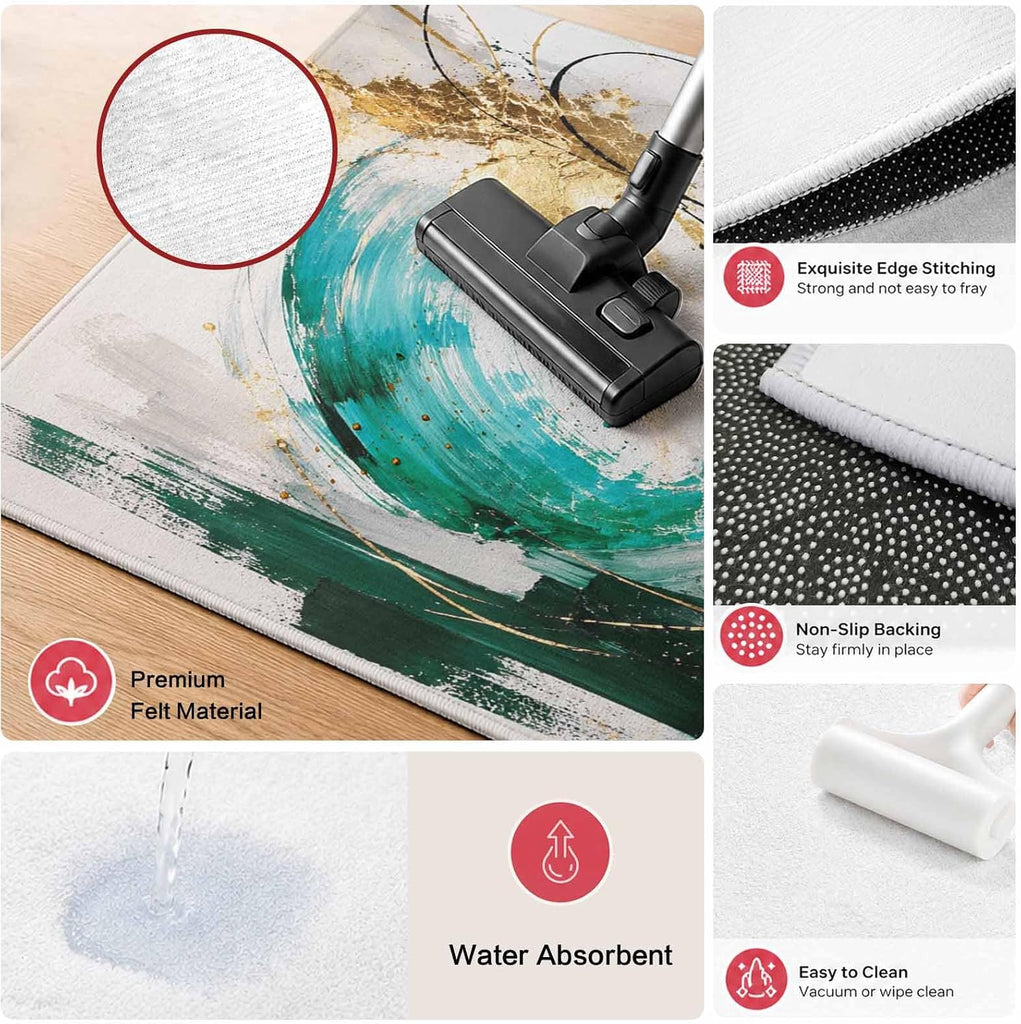 Green Gold Waves Rectangle Area Rug Modern Abstract Minimalist Art Lines Brushstroke Washable Indoor Carpet, Non‐Slip