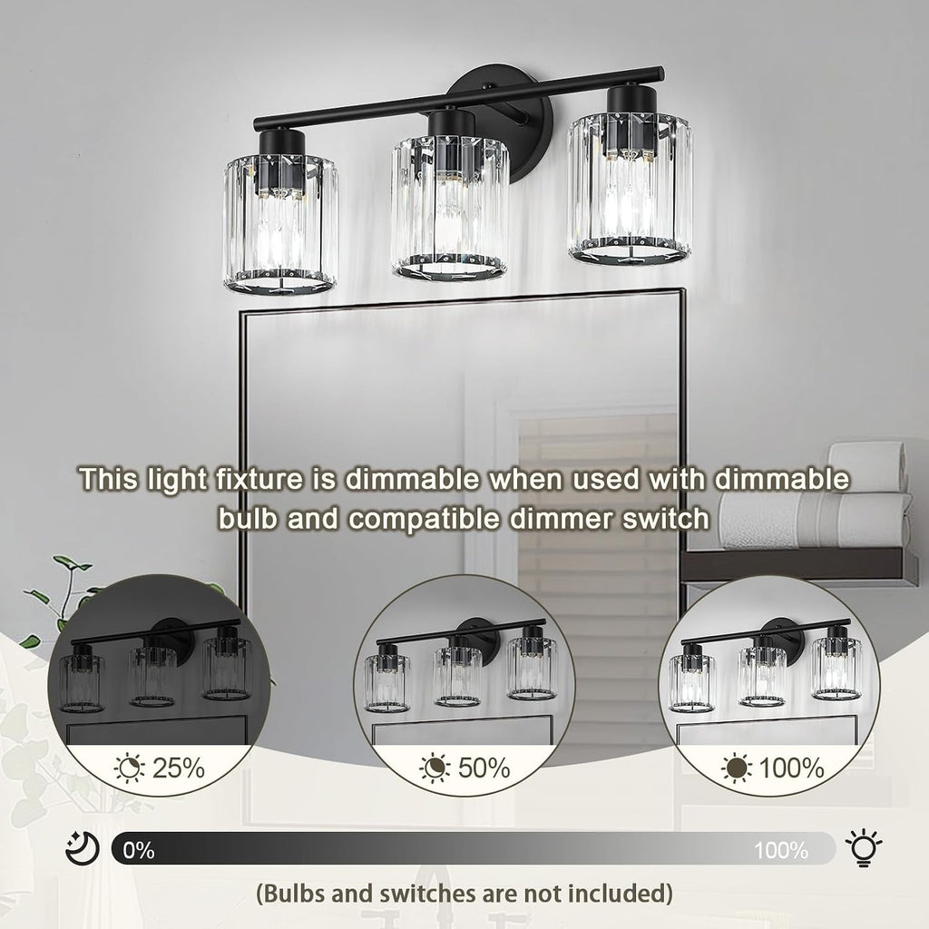 Modern Black Crystal Bathroom Light Fixtures,3-Light | Bathroom Lighting Fixtures over Mirror,Vanity Lights for