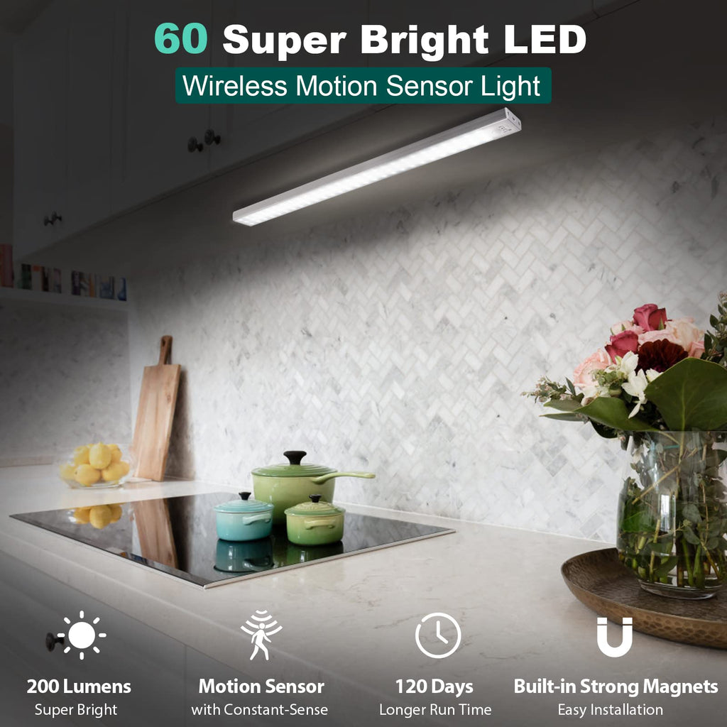 60 LED Closet Lights Battery Powered, Super Bright Under Cabinet Lighting, Motion Sensor Light, Wireless, 2400mah