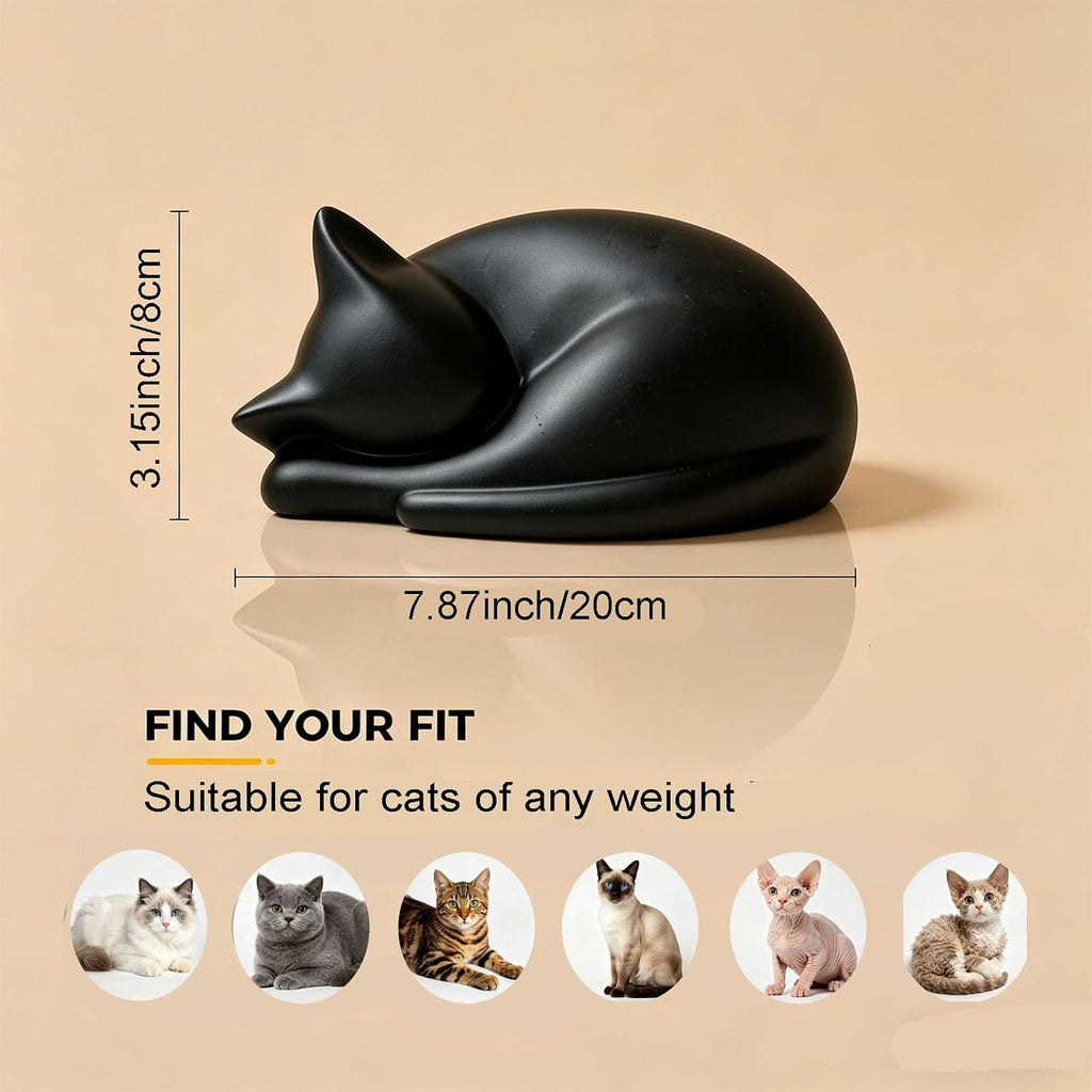 Cat Urn for Ashes - Sleeping Cat Memorial Urn for Pet Ashes, Matte Black Resin Cremation Urn for Cats, Forever