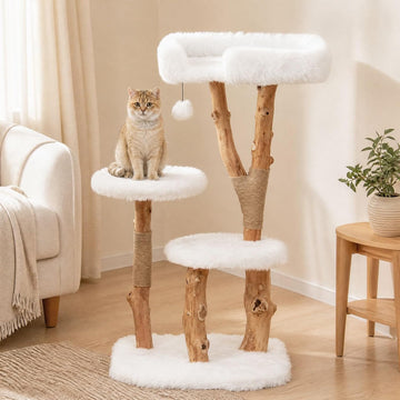 44 inch Wood Cat Tree, Modern Wooden Cat Tower with Jute Scratching Posts, Top Perch, Soft Long Plush and Dangling