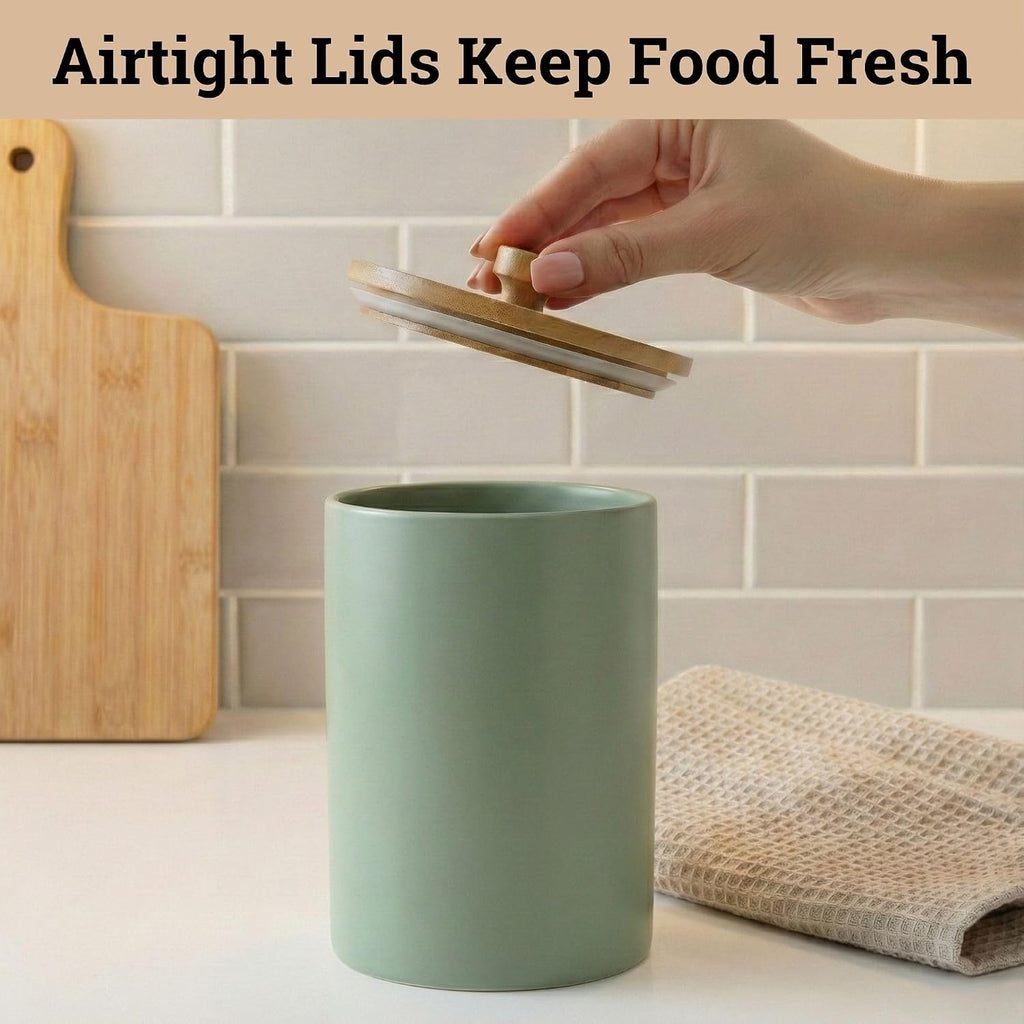 Ceramic Kitchen Canisters for Countertop w/ Airtight Bamboo Lids - Set of 3