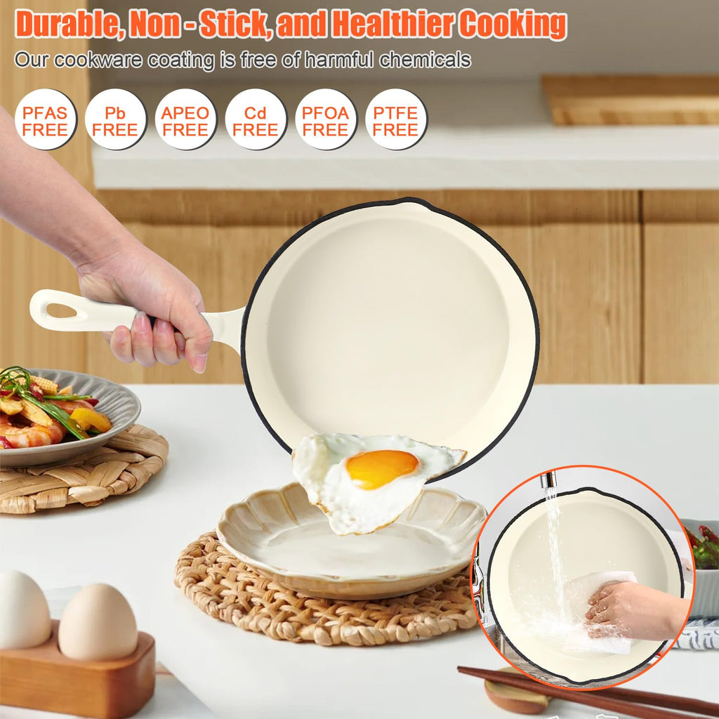 Nonstick Enameled Cast Iron Cookware Set- 3 Frying Pan and 1Piece Pots with Lid, Skillet, Heavy Duty Cookware, Dutch