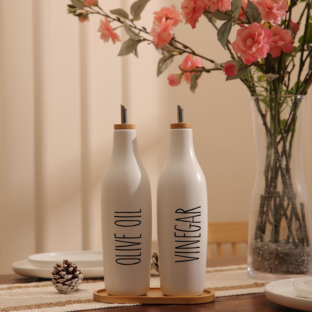 Olive Oil and Vinegar Dispenser Set, 16oz Ceramic Oil Dispenser Dispenser Bottle for EVOO Vinegar Syrups, Modern - Set of 2