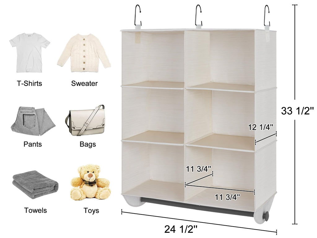 Hanging Closet Organizer with Rod, 6 Sections, 3 Tiers
