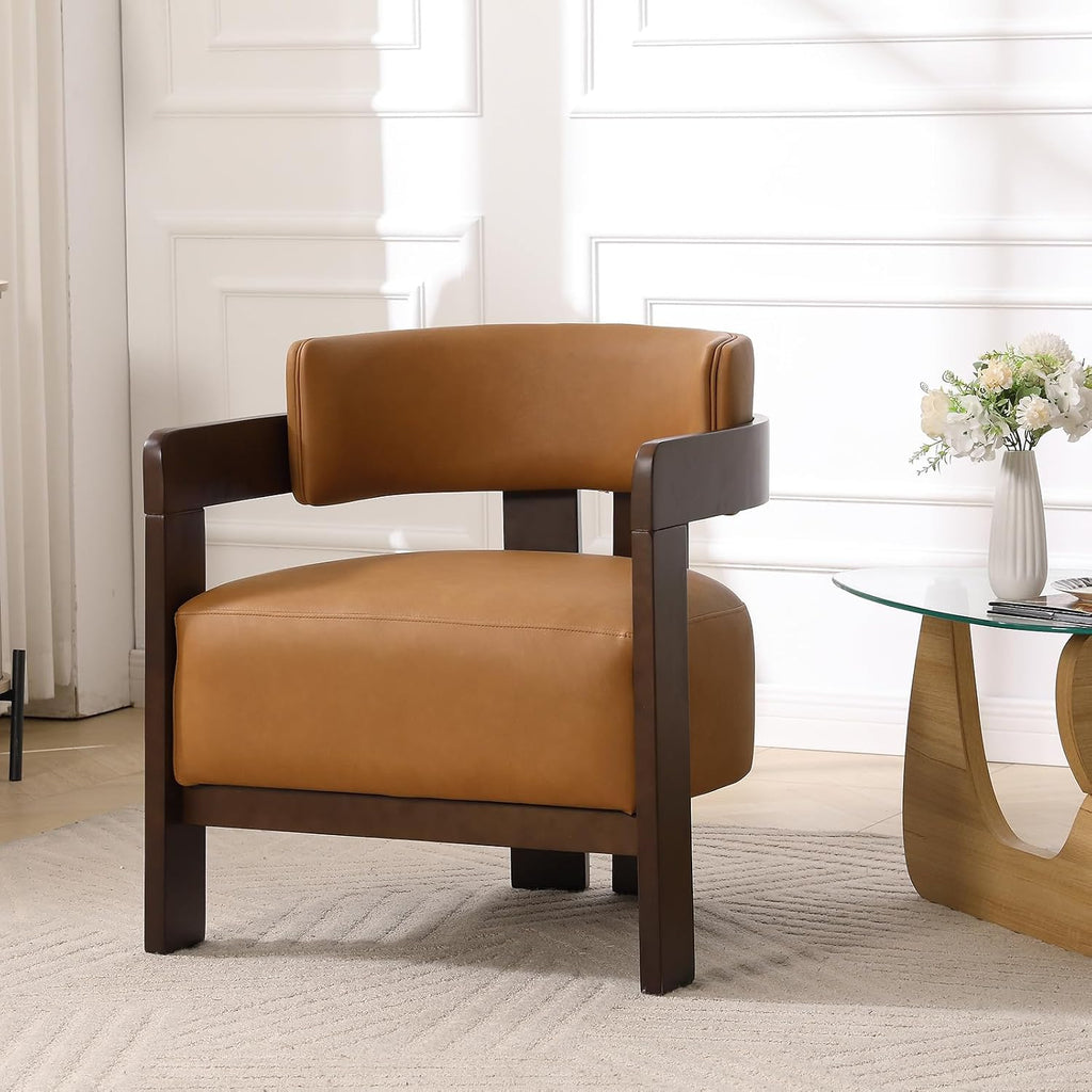 Modern Accent Chair, Upholstered Guest Chair Barrel Chairs PU Leather Side Chair with Wooden Legs Armrest - Set of 2