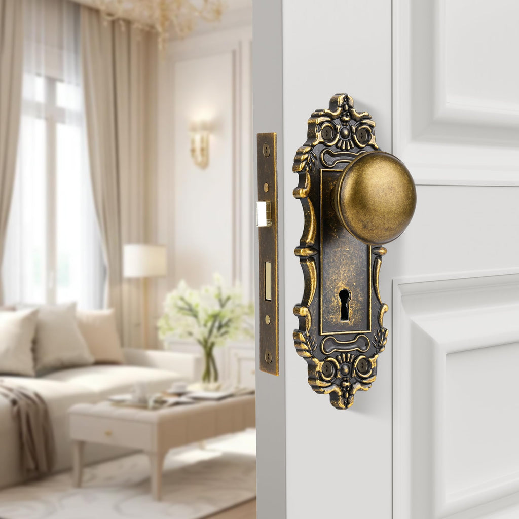 Mortise Lock Set for Interior Door, Antique Brass Door Knob with Lock and Skeleton Key, Antique Old Style Door Knob