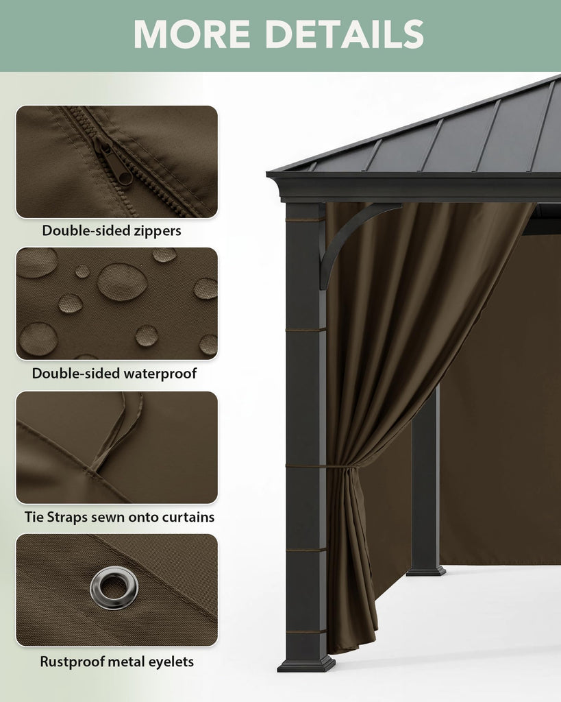 Gazebo Curtains Outdoor Waterproof with Zipper, 4-Panel, Brown