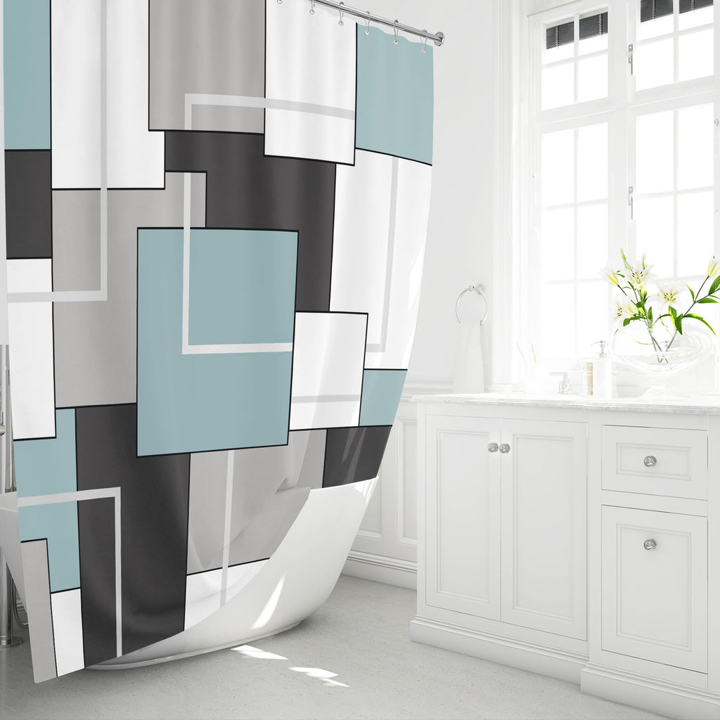 60x72 Stall Geometric Waterproof Fabric Shower Curtain Set, Fog Blue
