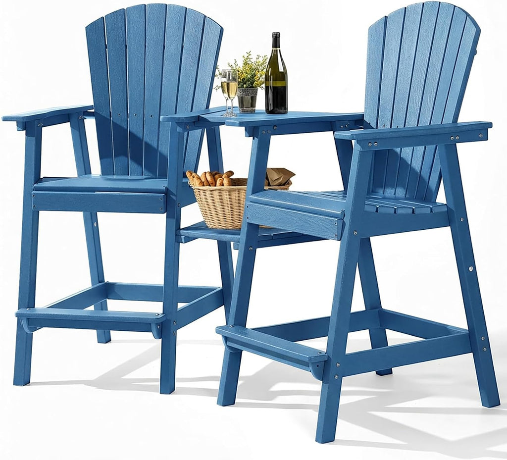 Tall Adirondack Chairs Set of 2, All-Weather HDPE Patio Chairs with Double Connecting Trays, Bar Height Heavy-Duty