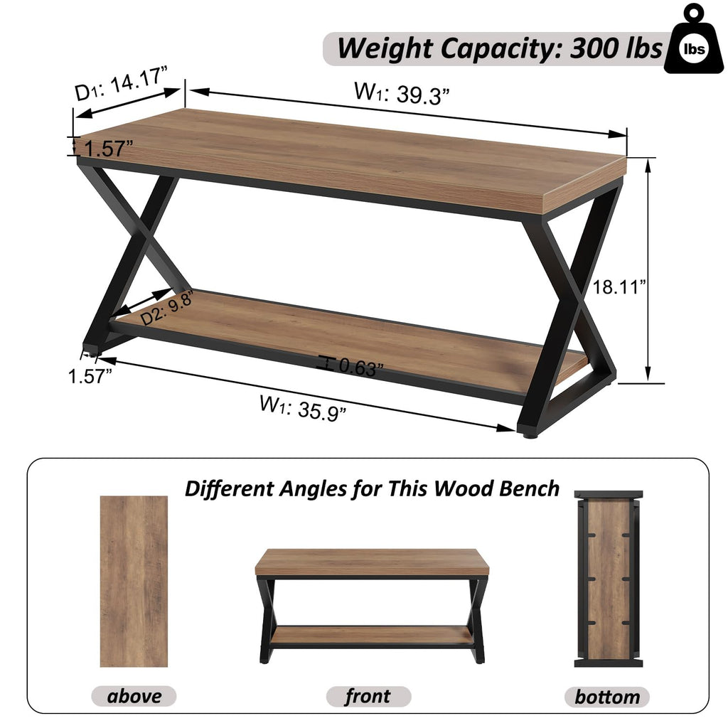 Rustic Entryway Bench with Storage, Rustic Oak Wood and Metal Bench